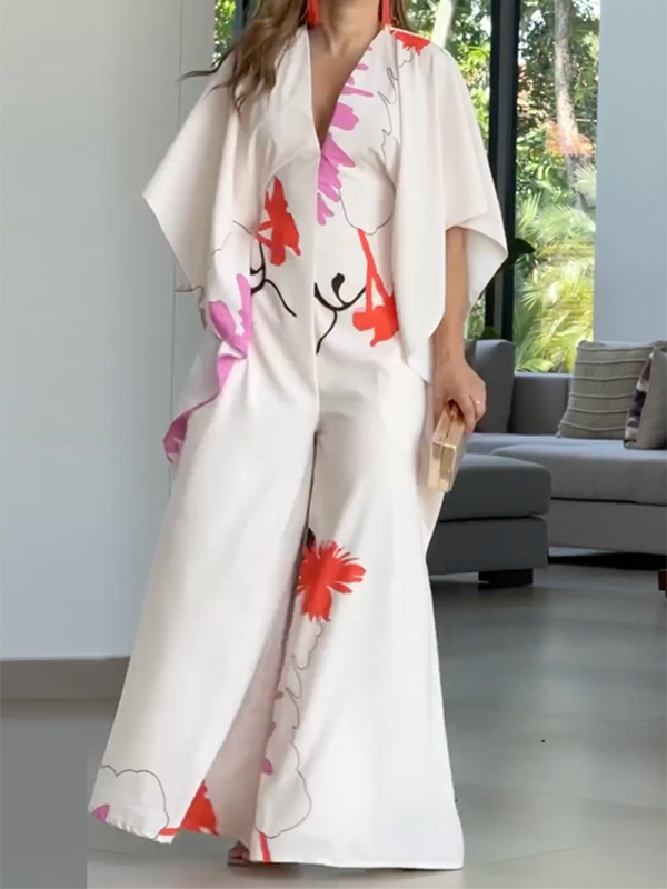 Printed Loose Wide Leg V-neck Jumpsuits