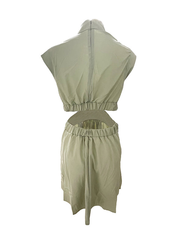 Belly-Hollow Pleated Solid Color Skinny Stand Collar Mini Dresses