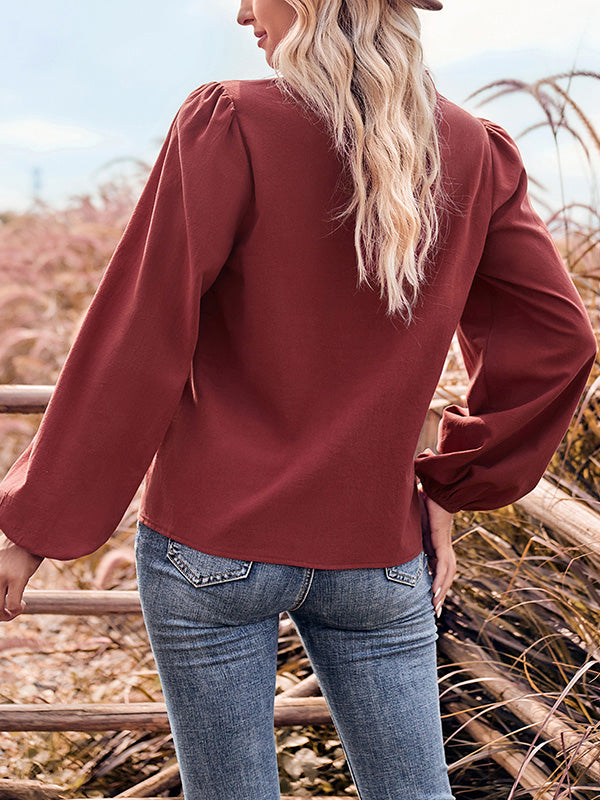 Buttoned Elasticity Long Sleeves Loose V-neck Blouses&shirts Tops