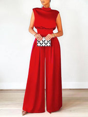 Casual Wide Leg Sleeveless Solid Color High-Neck Jumpsuits
