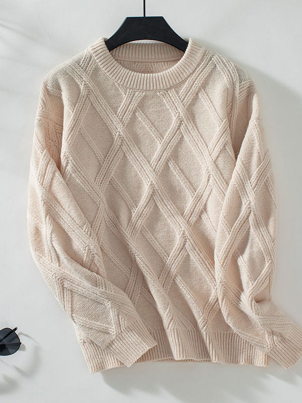 Solid Color Split-Joint Long Sleeves Loose Round-Neck Sweater Tops Pullovers