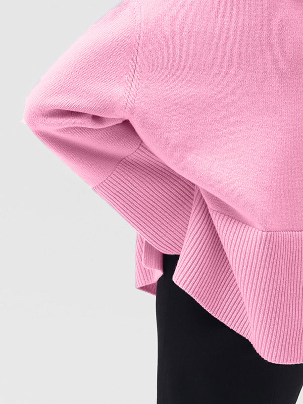 Pleated Solid Color Split-Side Long Sleeves Loose High Neck Sweater Tops