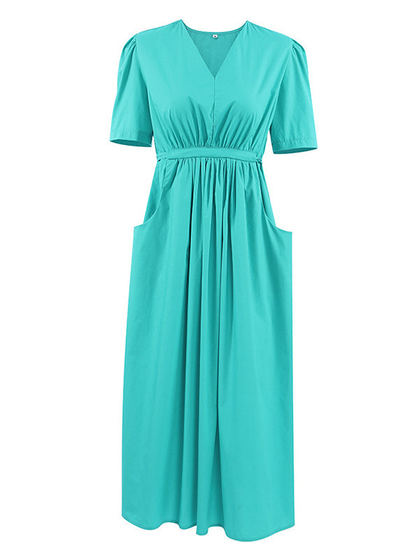 Drawstring Pleated Solid Color Split-Joint Tied Waist Loose Short Sleeves V-Neck Shirt Dress Midi Dresses