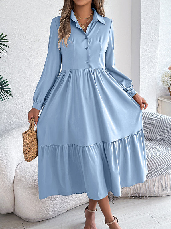 Pleated Ruffled Solid Color High Waisted Long Sleeves Lapel Shirt Dress Midi Dresses