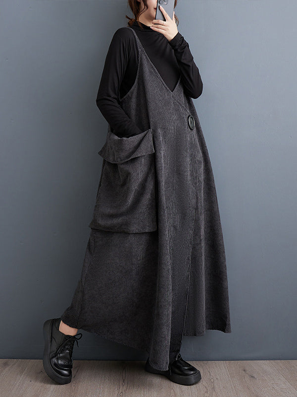 Adjustable Asymmetric Buttoned Pockets Solid Color A-line High-low Spaghetti-Neck Midi Dresses
