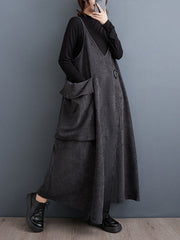 Adjustable Asymmetric Buttoned Pockets Solid Color A-line High-low Spaghetti-Neck Midi Dresses