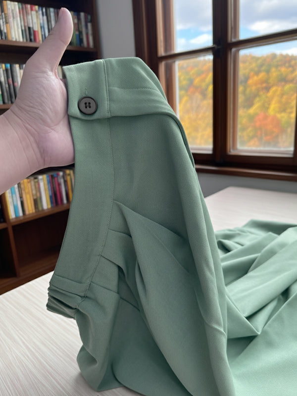 Buttoned Pleated Solid Color Loose Trousers Pants