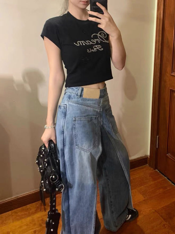 Pockets Reversible False Two Wide Leg Jean Pants Bottoms