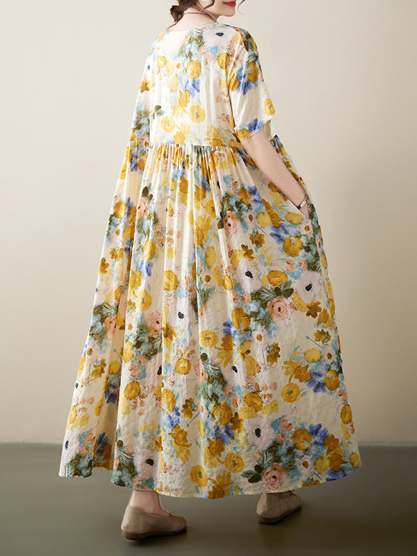 Floral Printed A-line Loose Round-neck Midi Dresses