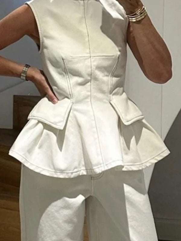 Pleated Solid Color Loose Sleeveless Round-Neck Vest Top