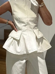 Pleated Solid Color Loose Sleeveless Round-Neck Vest Top