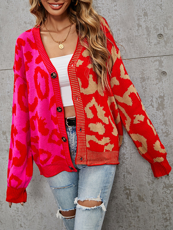 Buttoned Leopard Split-Joint Long Sleeves Loose V-Neck Cardigan Tops