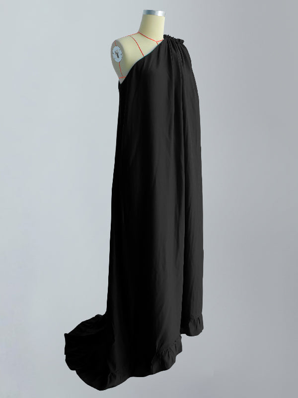 Banquet Sleeveless Loose Pleated Falbala Solid Color One-Shoulder Maxi Dresses