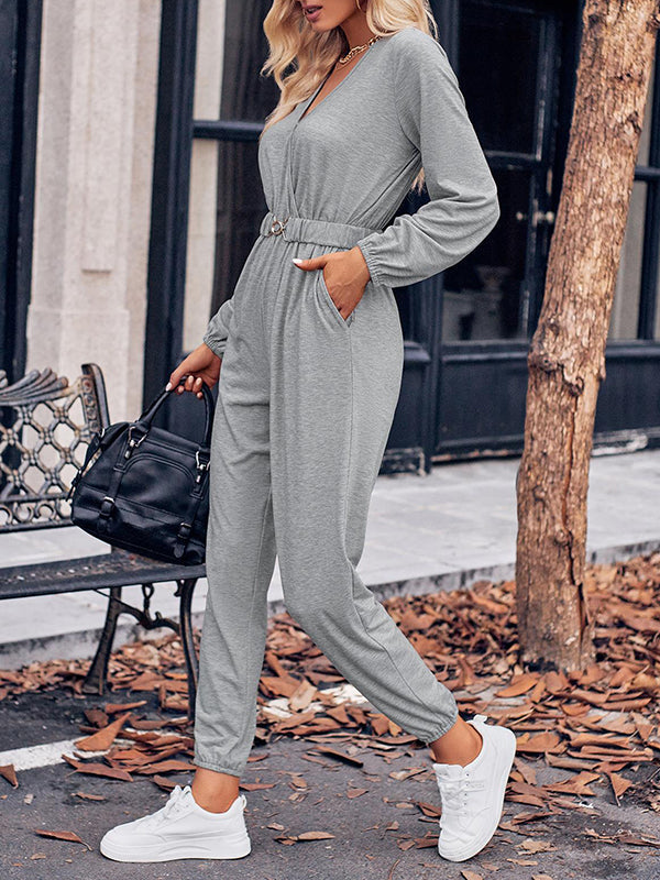 Belted Elasticity Long Sleeves V-neck Jumpsuits