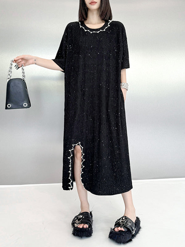 Asymmetric Beaded Shiny Split-Joint Loose Short Sleeves Round-neck Midi Dresses