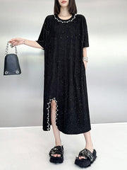 Asymmetric Beaded Shiny Split-Joint Loose Short Sleeves Round-neck Midi Dresses
