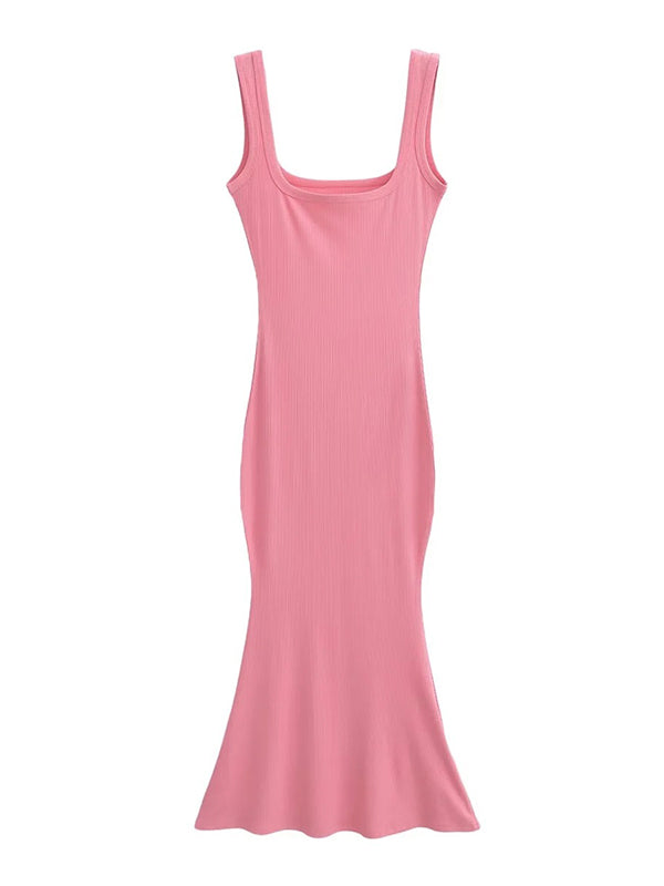 Solid Color Mermaid Skinny Round-Neck Maxi Dresses