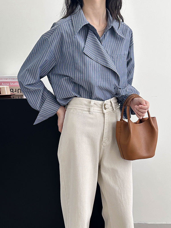 Asymmetric Split-Joint Striped Long Sleeves Loose Lapel Blouses