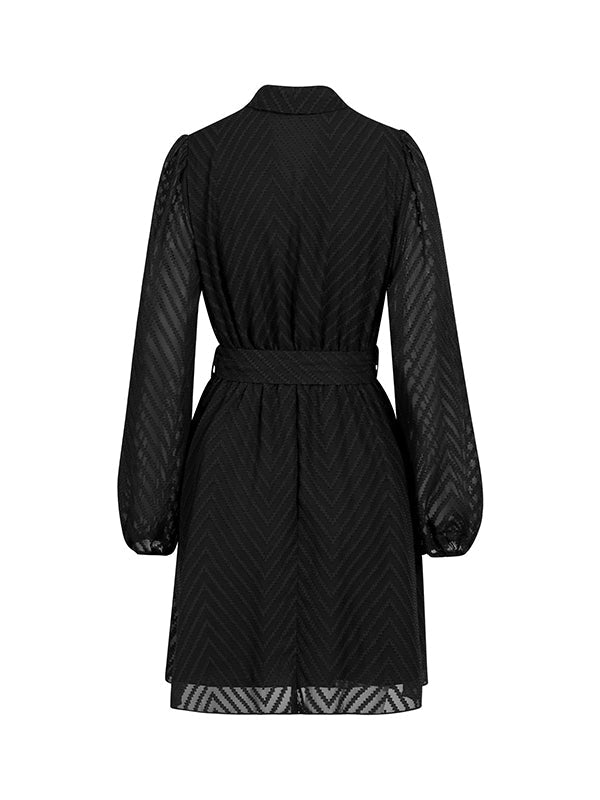 See-Through Solid Color Tied Waist A-Line Long Sleeves V-Neck Mini Dresses