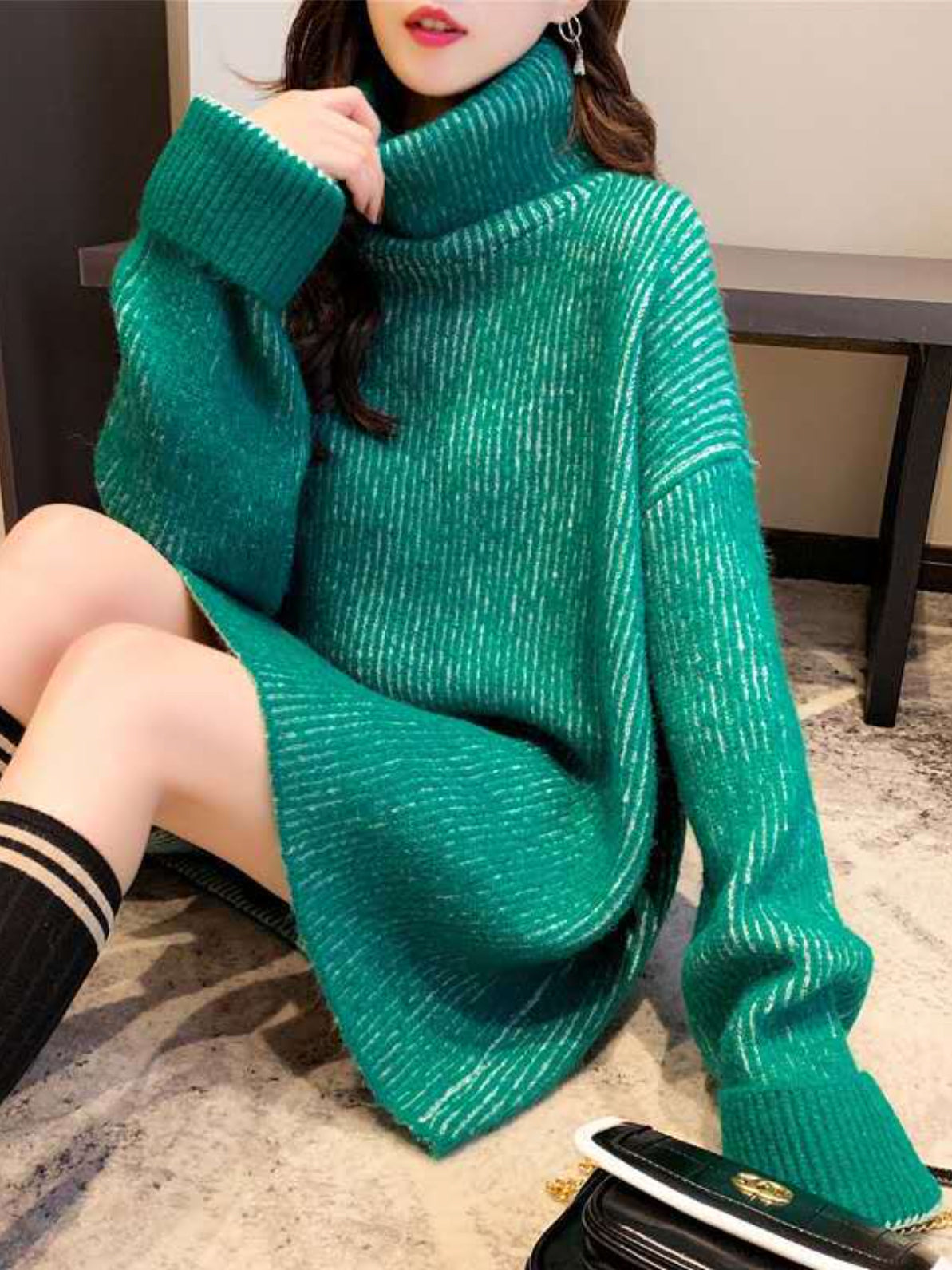Original Loose Contrast Color High-Neck Long Sleeves Sweater Tops