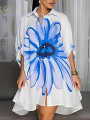 Buttoned Flower Print Half Sleeves Loose Lapel Shirt Dress Mini Dresses