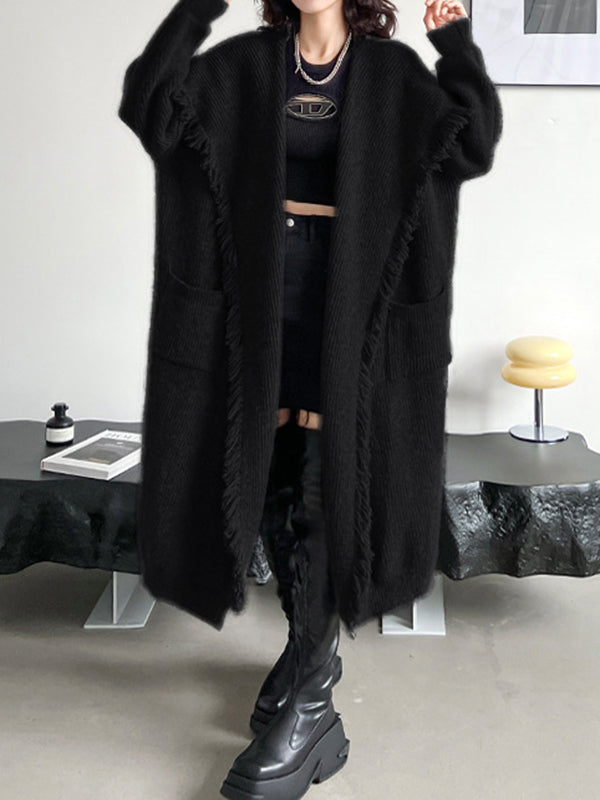 Fringed Pockets Solid Color Long Sleeves Loose V-Neck Cardigan Coats