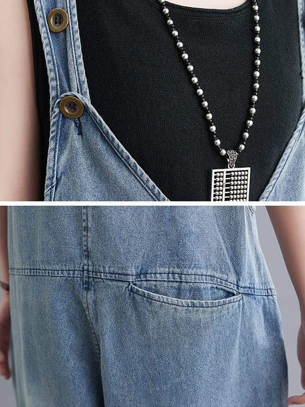 Buttoned Cropped Loose Denim Overalls