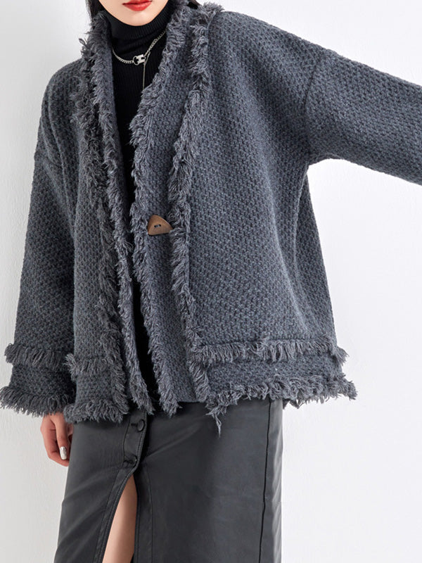 Buttoned Fringed Solid Color Long Sleeves Loose V-Neck Cardigan Tops