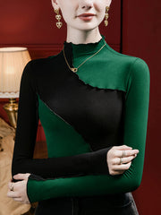 Contrast Color Ruffle Trim Split-Joint Long Sleeves Plus Size Mock Neck T-Shirts Tops