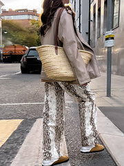 Elasticity Pockets Snakeskin Printed High Waisted Loose Trousers Pants