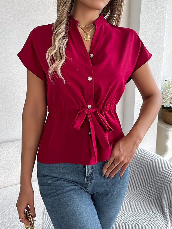 Buttoned Comfort Solid Color Tied Waist Short Sleeves Stand Collar Blouses&Shirts Tops