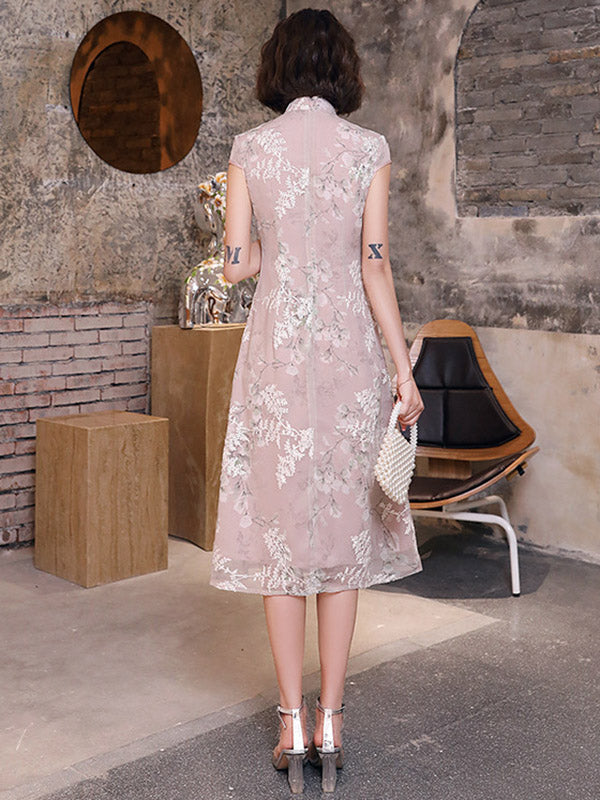 Original Applique Stand Collar Long Cheongsams