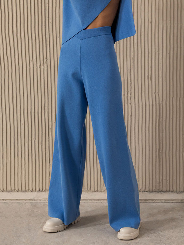 Casual Solid Color Irregularity High-Neck Sweater& Wide Leg Pants Suits