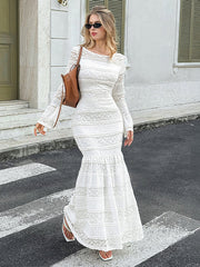 Flower Print Pleated See-Through Solid Color Split-Joint Textured Bodycon Flared Sleeves Round-Neck Maxi Dresses