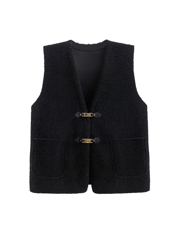 Buckle Pockets Velvet Loose Sleeveless V-neck Vest Outerwear