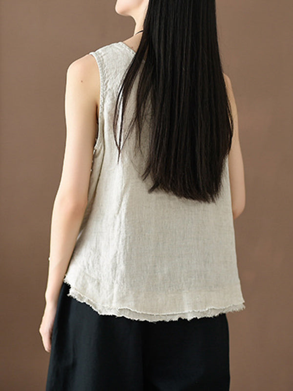 Fringed Solid Color Loose Sleeveless Round-Neck Vest Top