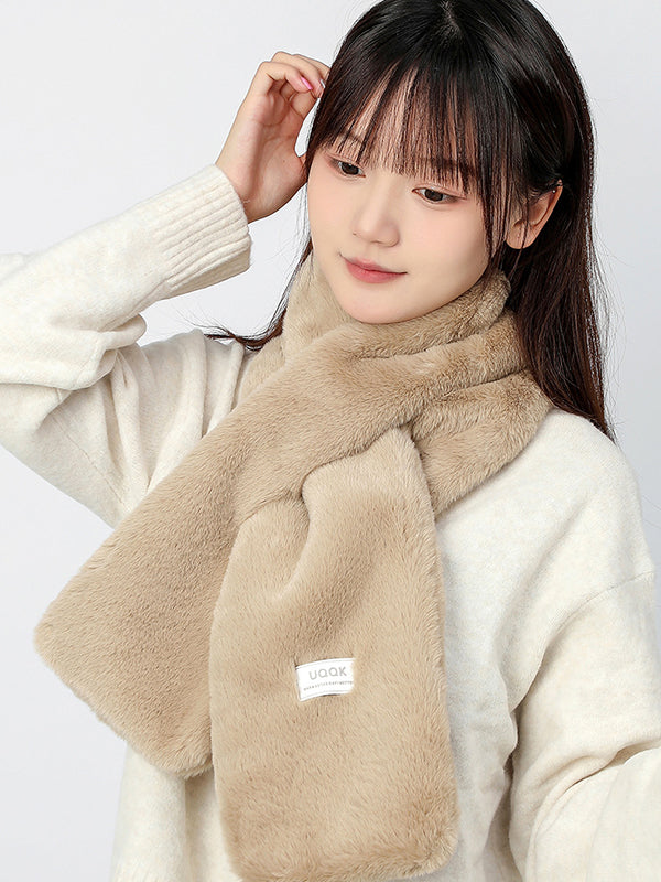 Casual Faux Fur Keep Warm Solid Color Cross Plush Shawl&Scarf