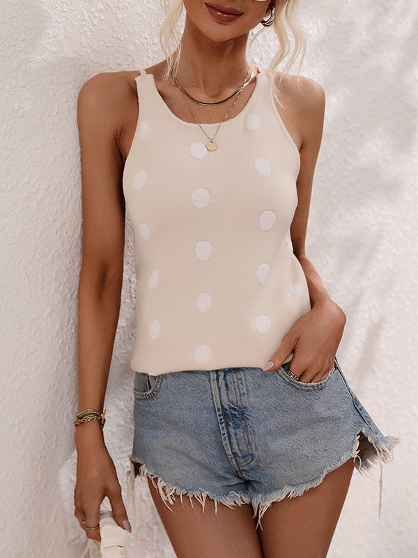 Hollow Polka-Dot High-Low Sleeveless Round-Neck Vest Top