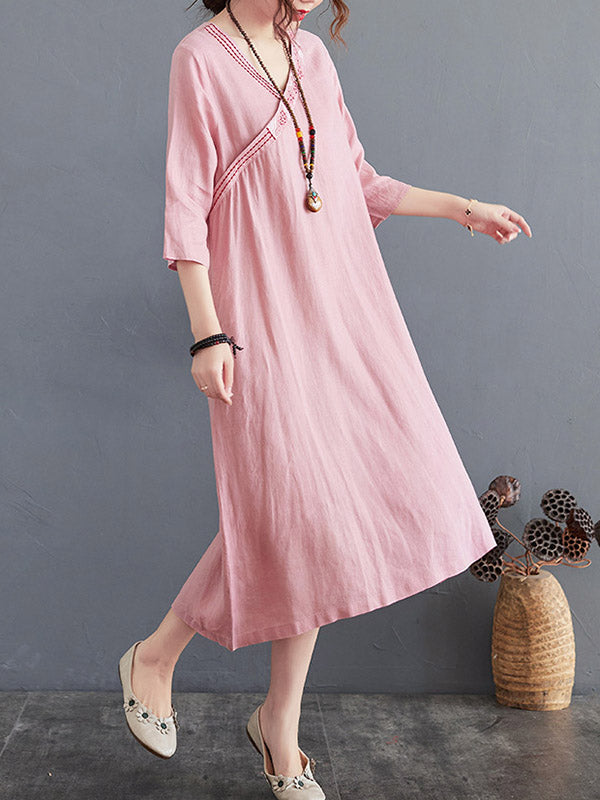 Cotton Blend V-Neck Embroidered Midi Dress