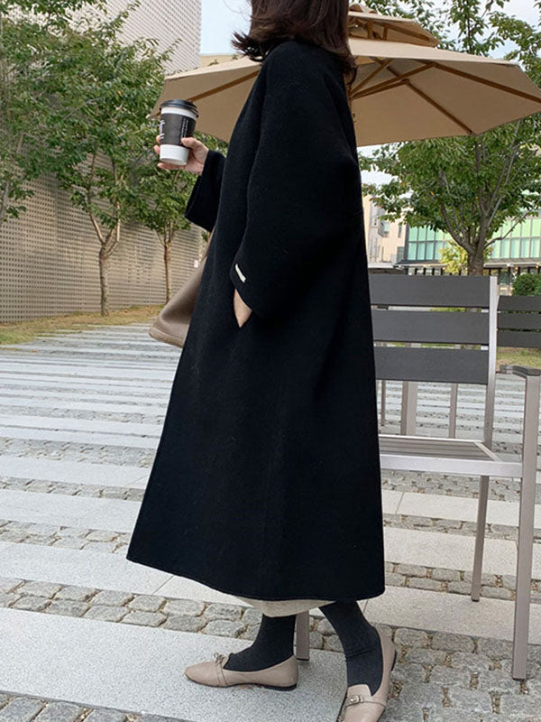 Solid Color Long Sleeves Loose Collarless Woolen Coat