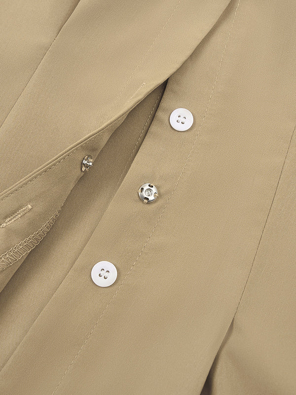 Buttoned No Belt Pleated Solid Color Long Sleeves Loose V-neck Shirt Dress Midi Dresses