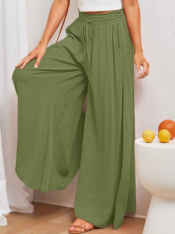 Drawstring Elasticity Pleated Pockets Solid Color High Waisted Loose Trousers Pants