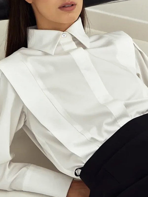 Buttoned Solid Color Long Sleeves Loose Lapel Blouses&Shirts Tops