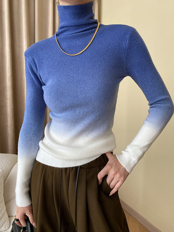 Gradient Long Sleeves Skinny High-Neck Sweater Tops Pullovers