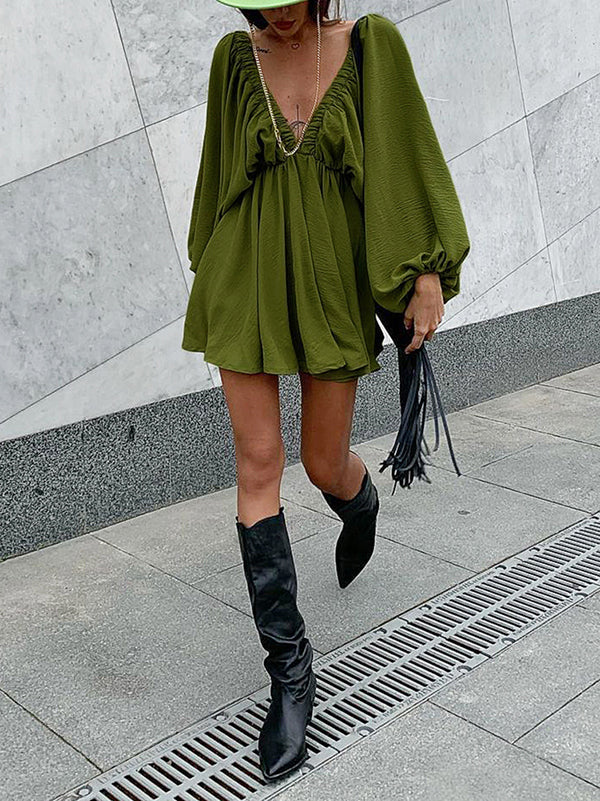 Elasticity Solid Color V-back Long Sleeves Loose Deep V-Neck Mini Dresses