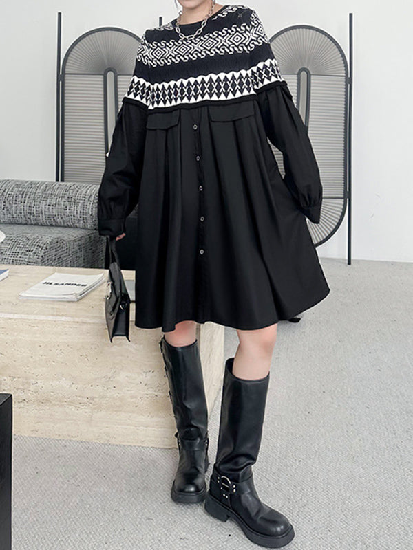 Buttoned Contrast Color Split-Joint A-Line Long Sleeves Round-Neck Mini Dresses