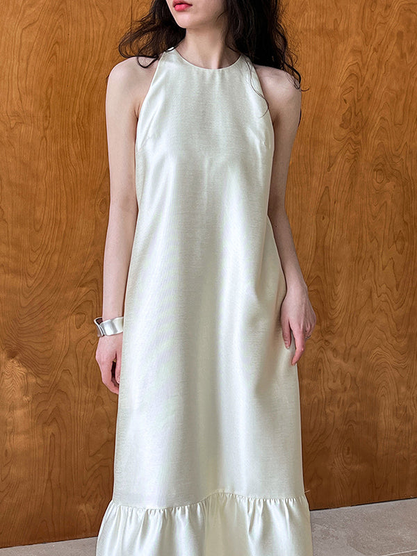 Pleated Solid Color Split-Joint Loose Sleeveless Round-Neck Maxi Dresses