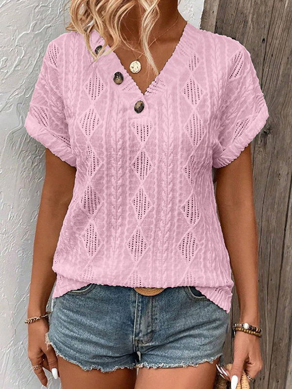 Buttoned Solid Color Loose Short Sleeves V-Neck T-Shirts Tops