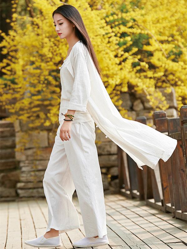 Soft White Frog Ramie Cotton Linen Outwear Cardigan