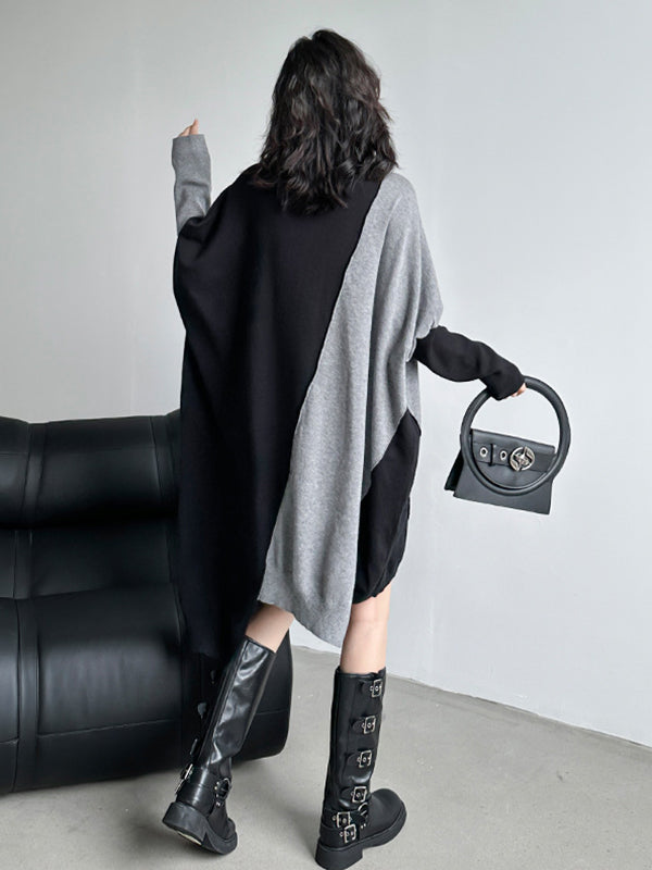 Asymmetric Contrast Color Split-Joint Batwing Sleeves Hipster High-neck Sweater Dresses Midi Dresses